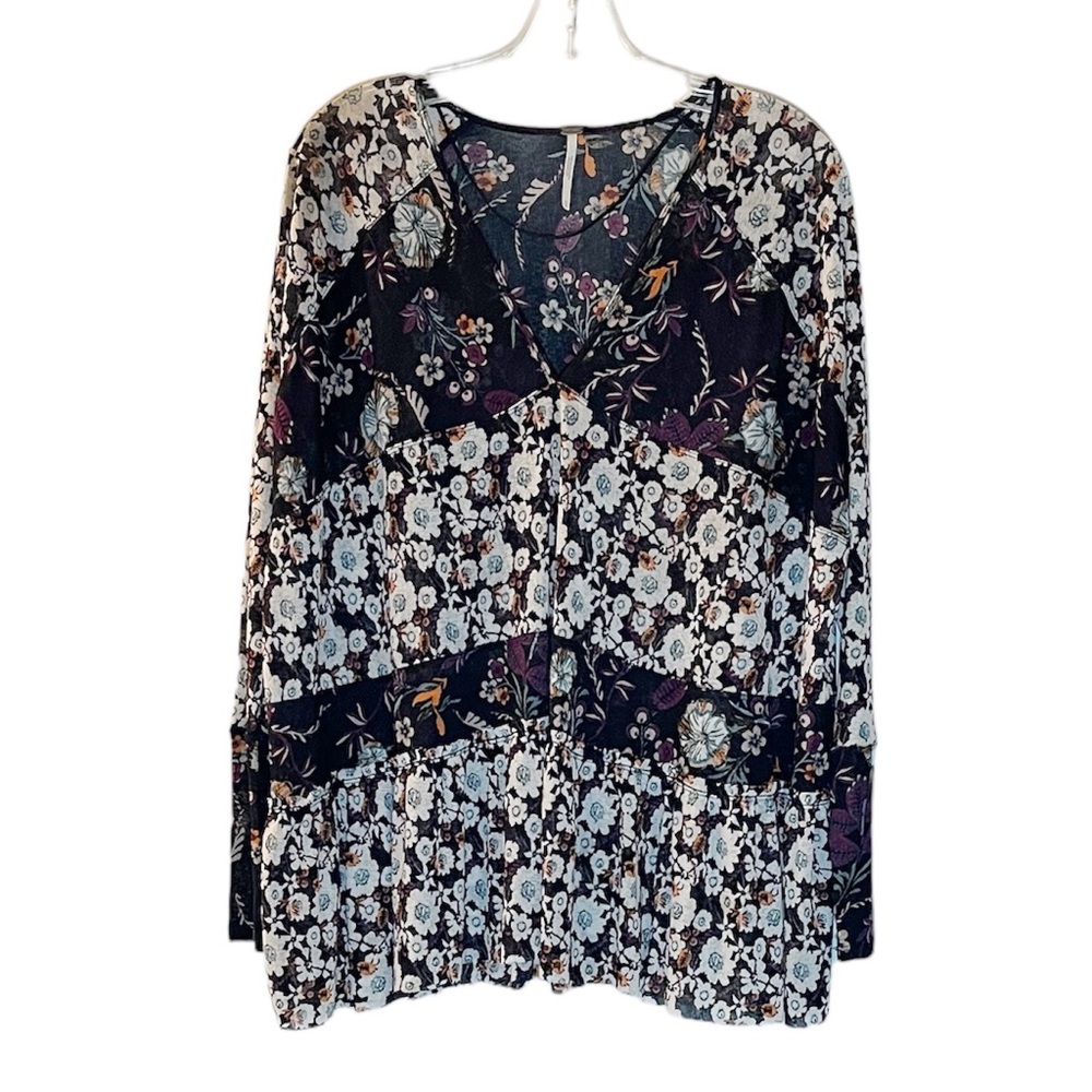 FREE PEOPLE Isabelle Floral Tunic Top Blue Size XS (oversized) - Picture 2 of 10